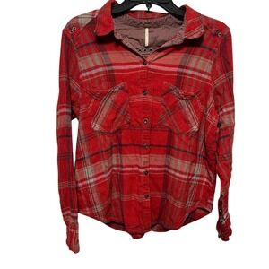 Free People Red Plaid Flannel Button Down Split Back Grommet Shirt Women's Large